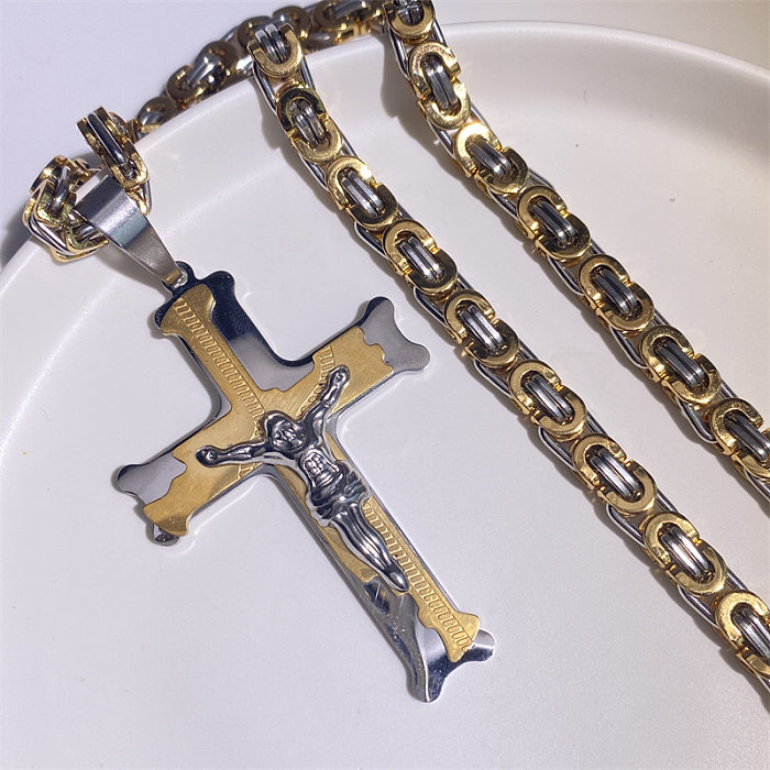 Collier pendentif plaqué or avec croix de style ethnique en acier inoxydable