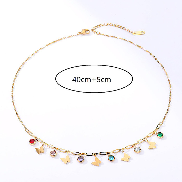 Fashion Classic Style Butterfly Electroplated 18K Color Zircon Stainless Steel  Necklace