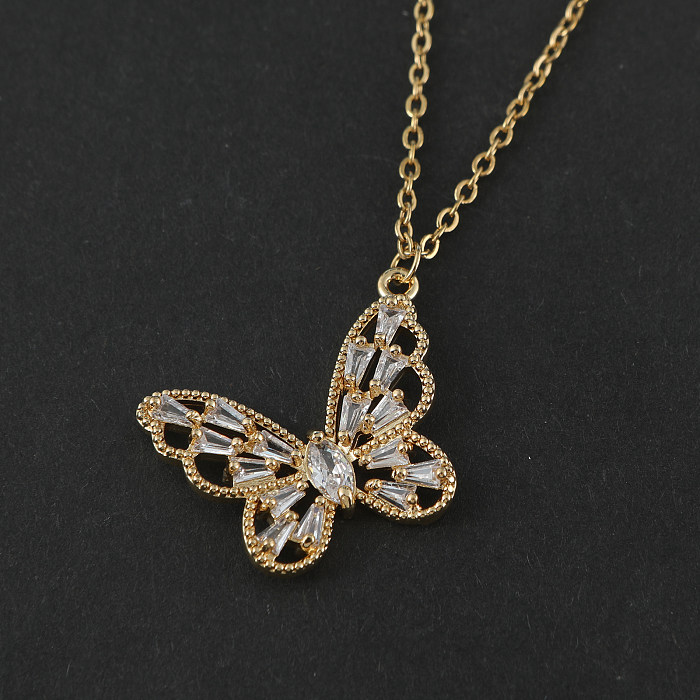 Casual Elegant Butterfly Stainless Steel  Stainless Steel Inlay Zircon Pendant Necklace