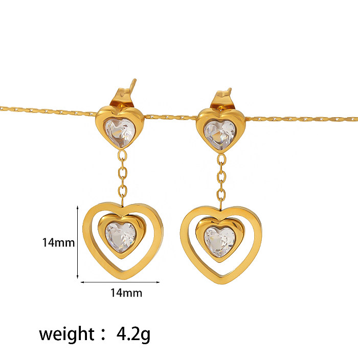 1 paire de boucles d'oreilles pendantes en forme de cœur, Style Simple et doux, incrustation de placage époxy en acier inoxydable et Zircon plaqué or 18 carats