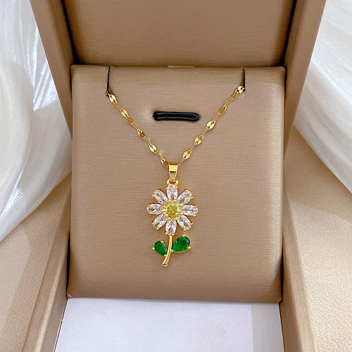Simple Style Flower Stainless Steel  Plating Inlay Rhinestones 18K Gold Plated Gold Plated Pendant Necklace