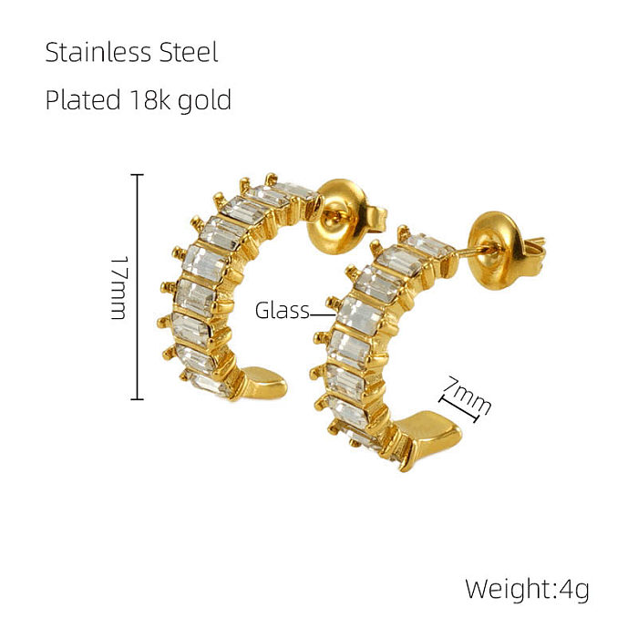 1 par de brincos elegantes em formato de C, incrustações de aço inoxidável com zircão banhado a ouro 18K