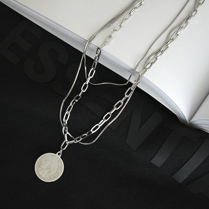 Vacation Solid Color Stainless Steel  Alloy Plating Chain Hollow Out Silver Plated Layered Necklaces