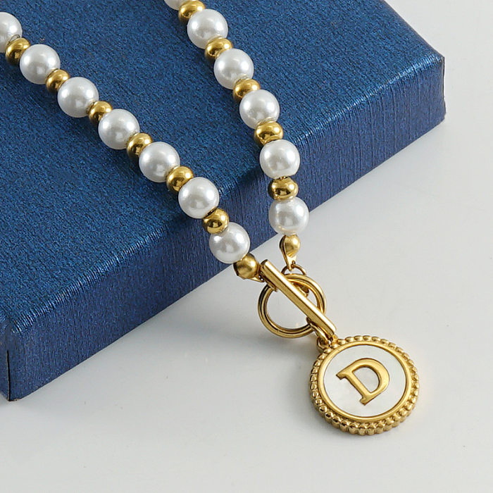 Collier avec pendentif en forme de lettre ronde, Style Simple, Imitation de perle, coquillage incrusté en acier inoxydable, 1 pièce