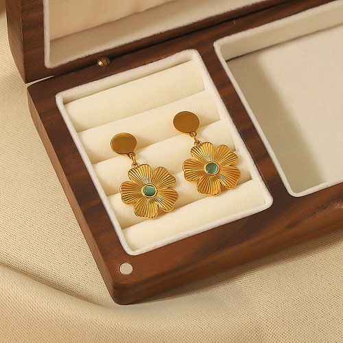 1 Paar Tropfenohrringe im Vintage-Stil mit Blumenbeschichtung, Inlay aus Edelstahl und Naturstein, 18 Karat vergoldet