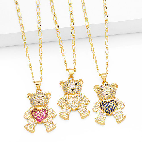 Cute Little Bear Heart Shape Stainless Steel  Copper Plating Inlay Zircon 18K Gold Plated Pendant Necklace