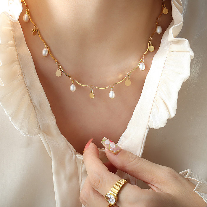 Damenmode-Blatt-Edelstahl-Choker-Beschichtung-Perlen-Edelstahl-Halsketten