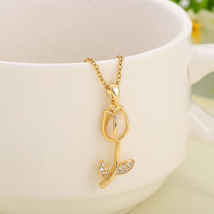 Casual Simple Style Tulip Stainless Steel Inlay Opal Zircon Pendant Necklace