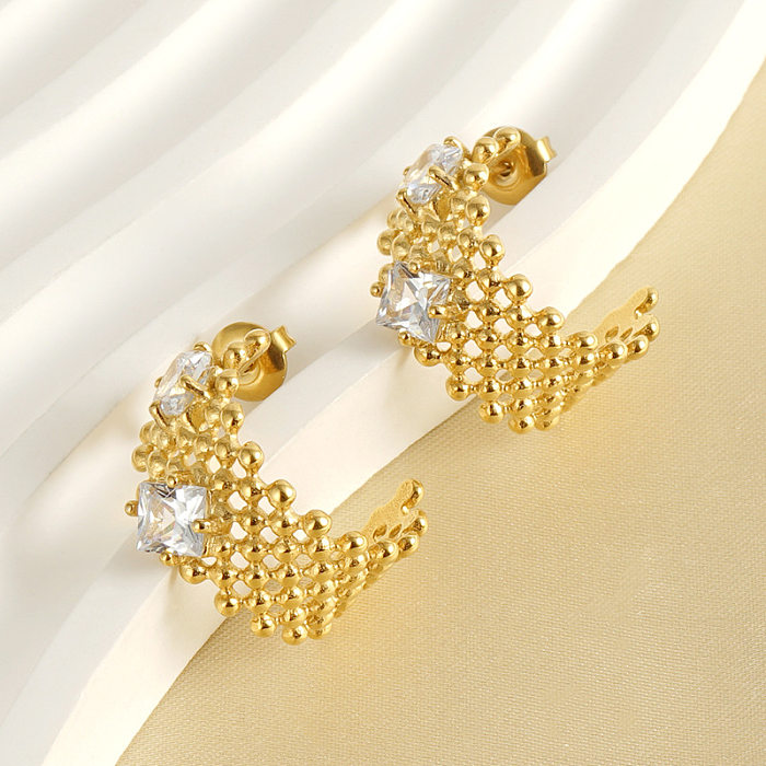 Lady Geometric Stainless Steel  Gold Plated Rhinestones Earrings 1 Pair