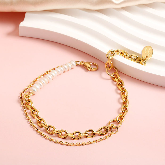 Wholesale Simple Style Color Block Stainless Steel Plating Chain Inlay 18K Gold Plated Freshwater Pearl Bracelets