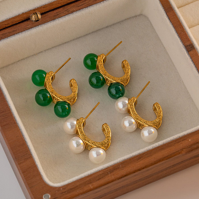 1 par de pendientes de perlas de piedras preciosas artificiales con incrustaciones huecas chapadas en acero inoxidable en forma de C Retro