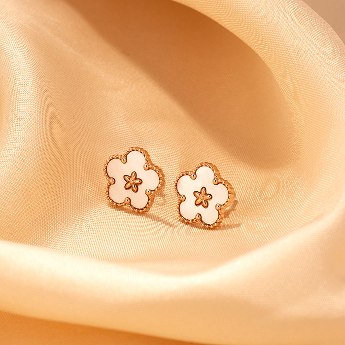 1 paire de clous d'oreilles en acier inoxydable plaqué or, Style Preppy mignon, Style classique, plaqué fleur