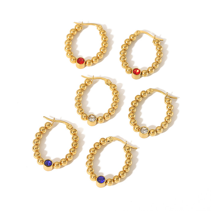 1 Paar einfache, ovale, polierende, plattierte Inlay-Ohrringe aus Edelstahl mit Zirkon und 18-Karat-Vergoldung