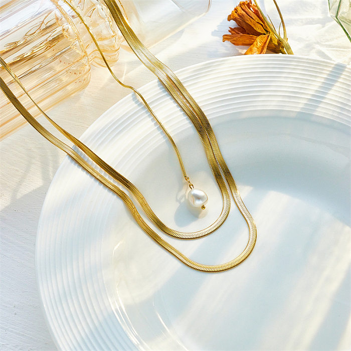 Colares em camadas banhados a ouro 18K de pérolas artificiais de embutimento geométrico elegante de aço inoxidável