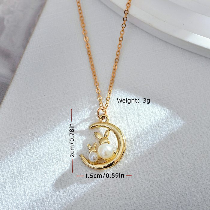 Simple Style Rabbit Moon Stainless Steel Inlay Artificial Pearls Pendant Necklace