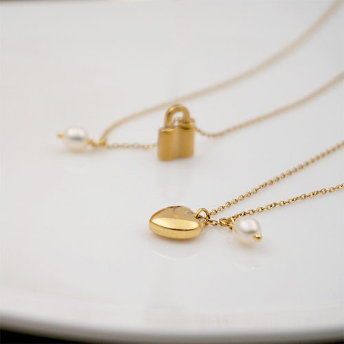 Collier avec pendentif en perles en acier inoxydable, style simple, serrure en forme de cœur, 1 pièce