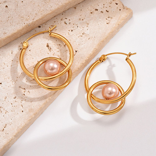 1 Paar elegante Ohrringe im französischen Stil mit runder Polierbeschichtung und Inlay aus Edelstahl mit künstlichen Perlen und 14 Karat vergoldet