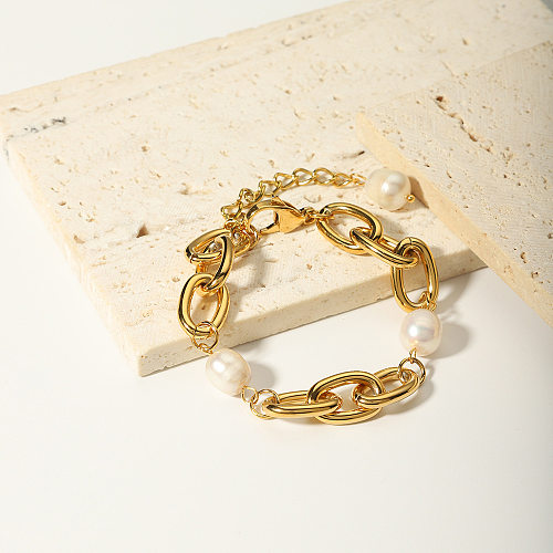 Bracelets plaqués or 18 carats avec perles d'eau douce en acier inoxydable de couleur unie de style français
