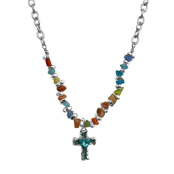 Casual Cross Alloy Natural Stone Stainless Steel Irregular Plating Inlay Rhinestones Pendant Necklace