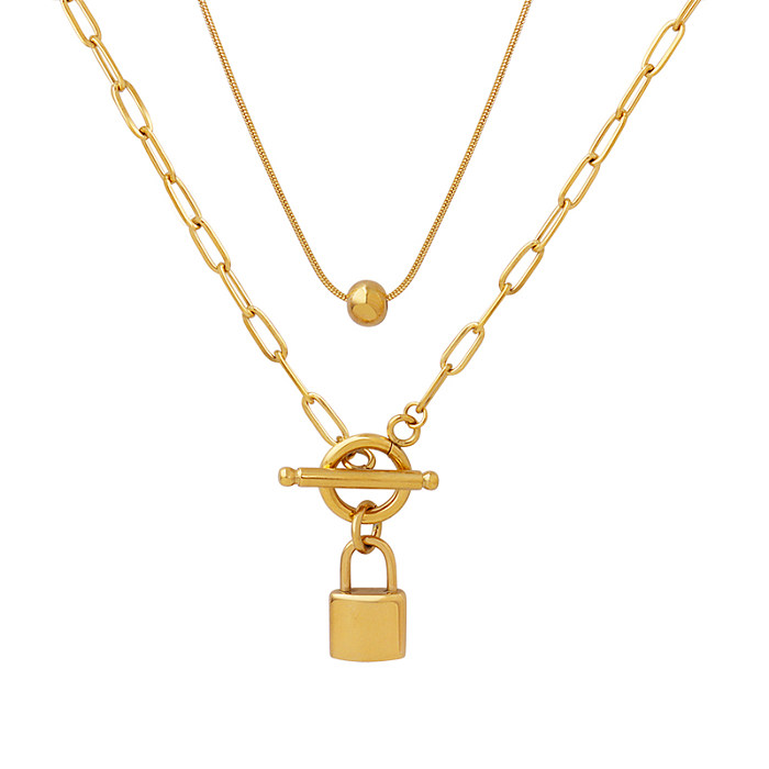 Wholesale 2 Pieces Streetwear Lock Stainless Steel 18K Gold Plated Pendant Necklace