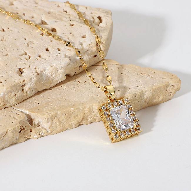 18K vergoldeter Edelstahl-Schmuck, quadratische, weiße, kubische Zirkon-Anhänger-Halskette für Damen