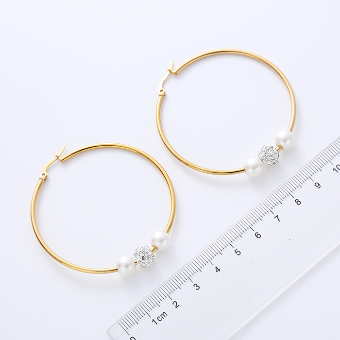 1 Pair Elegant Fashion Simple Style Pearl Stainless Steel  Beaded Plating Inlay Artificial Diamond Hoop Earrings