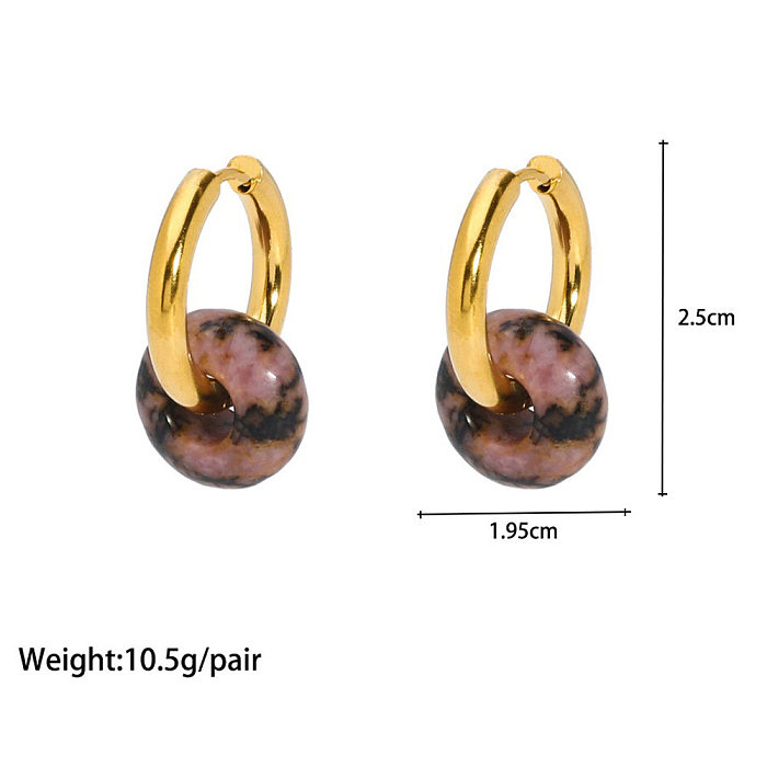 1 paire de boucles d'oreilles rétro en acier inoxydable avec incrustation de placage circulaire et pierre naturelle