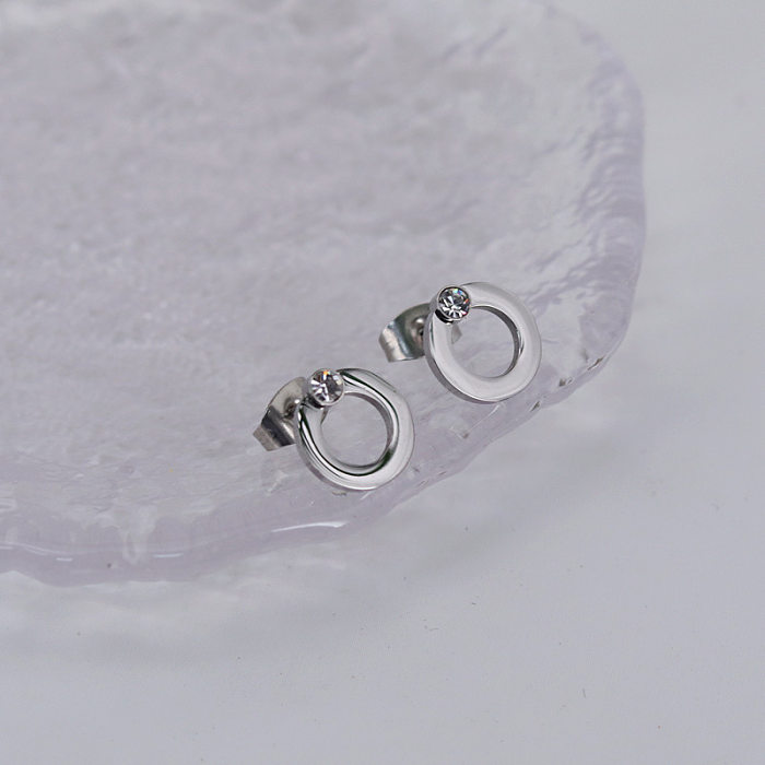 Simple Style Round Stainless Steel Plating Inlay Artificial Diamond Ear Studs 1 Pair