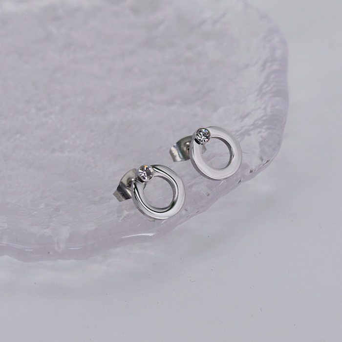Pendientes redondos de diamante artificial con incrustaciones de revestimiento de acero inoxidable de estilo simple, 1 par