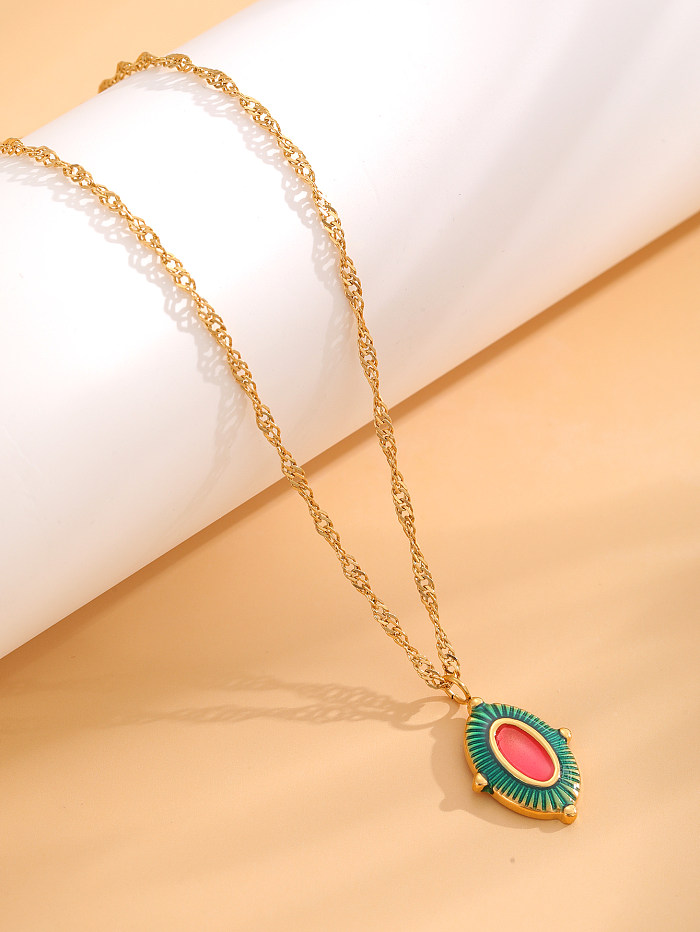 Retro Color Block Eye Stainless Steel Enamel Plating Gold Plated Pendant Necklace