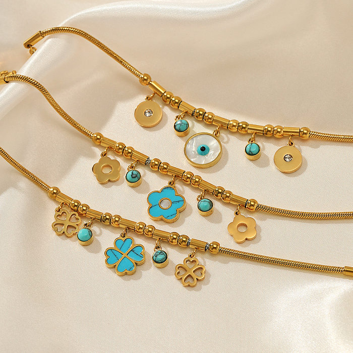 Bracelets rétro en acier inoxydable plaqué or, trèfle à quatre feuilles, œil de fleur, turquoise