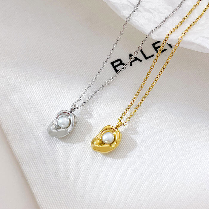 Simple Style Solid Color Stainless Steel  Pearl Pendant Necklace In Bulk