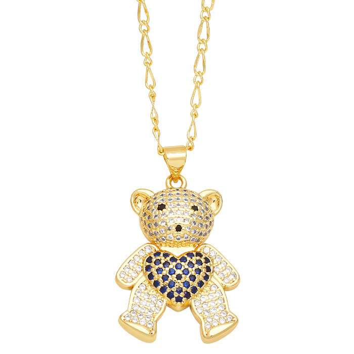 Cute Little Bear Heart Shape Stainless Steel  Copper Plating Inlay Zircon 18K Gold Plated Pendant Necklace
