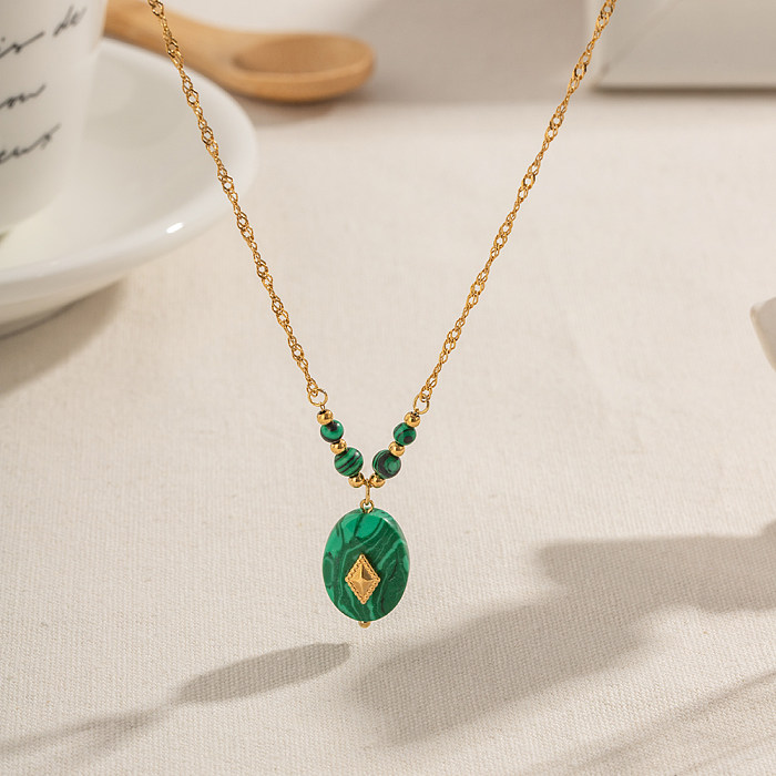 IG Style Simple Style Oval Stainless Steel  Malachite Plating 18K Gold Plated Pendant Necklace