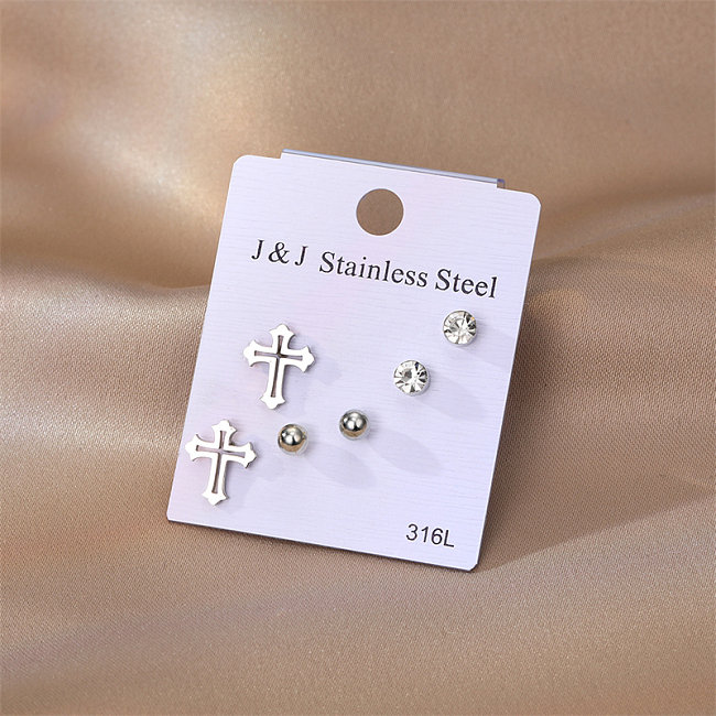 3 Pairs Elegant Cross Stainless Steel  Inlay Zircon Ear Studs