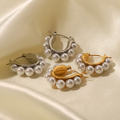 Pendientes de aro de perlas de acero inoxidable geométricos retro 1 par