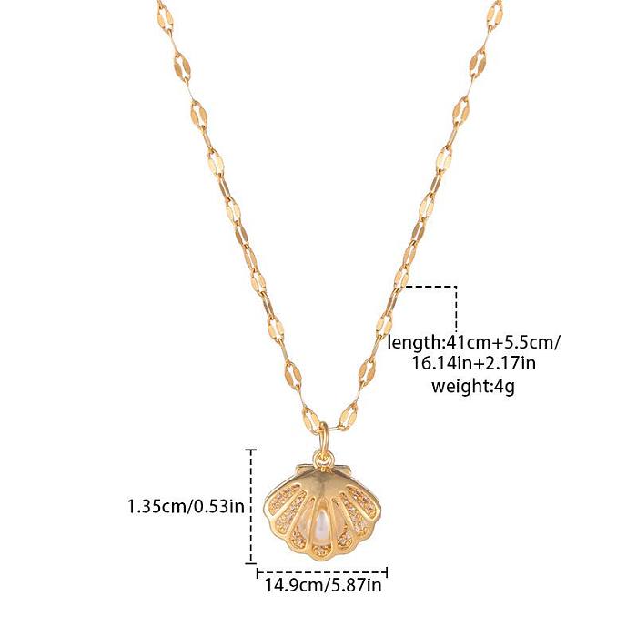 Simple Style Shell Copper Gold Plated Artificial Pearls Zircon Pendant Necklace 1 Piece