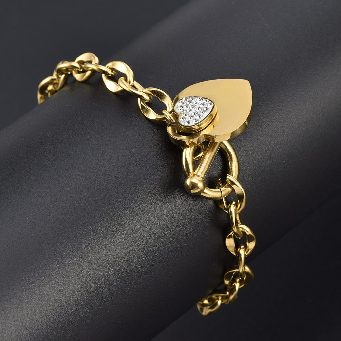 Simple Style Heart Shape Titanium Steel Plating Inlay Artificial Diamond 18K Gold Plated Bracelets