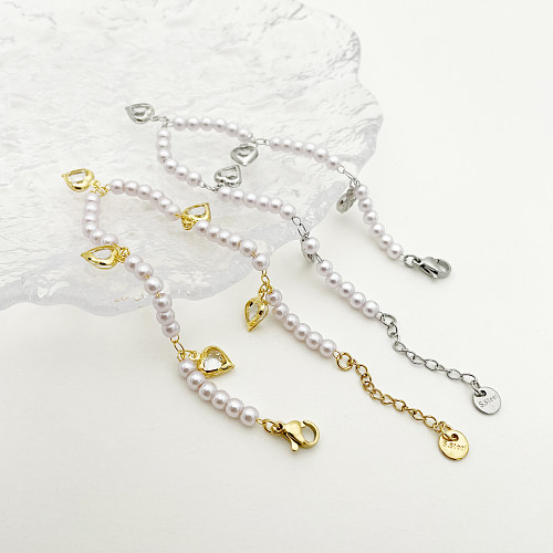Bracelets élégants en forme de cœur romantique en acier inoxydable, perles artificielles, placage de charme, incrustation de diamants plaqués or