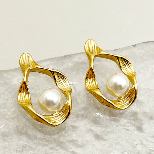 1 par de pendientes chapados en oro con incrustaciones de perlas y pulido de acero inoxidable irregulares elegantes