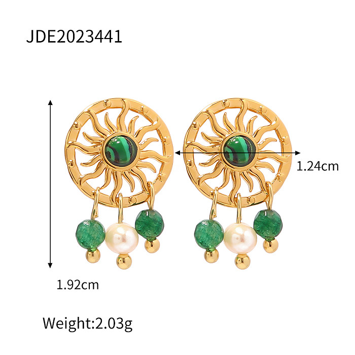 1 Pair Retro Sun Stainless Steel  Pearl Plating Inlay Natural Stone Malachite Drop Earrings