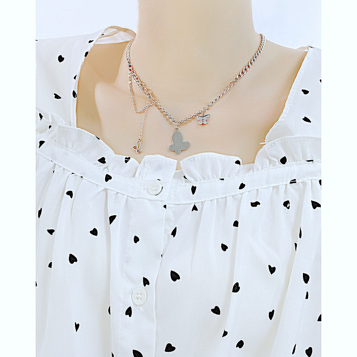Collier avec pendentif papillon en acier inoxydable, Style japonais et coréen, placage en couches, colliers en acier inoxydable