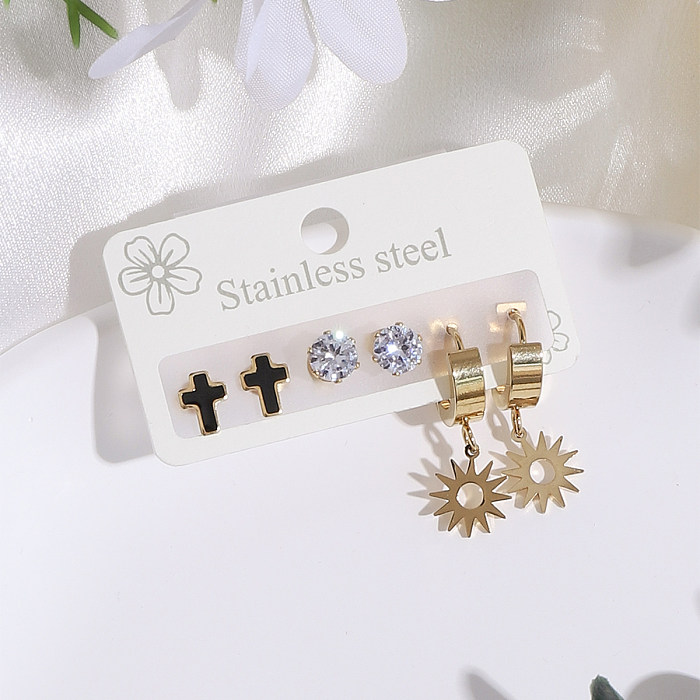 3 Pairs IG Style Classic Style Commute Cross Plating Stainless Steel  Imitation Diamond Gold Plated Drop Earrings