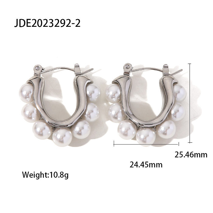Retro Geometric Stainless Steel  Pearl Hoop Earrings 1 Pair