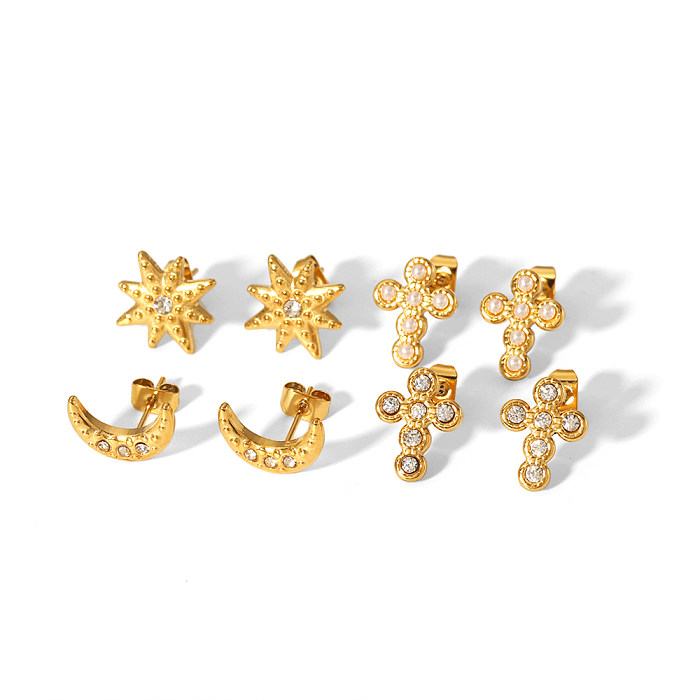 1 paire de clous d'oreilles plaqués or 18 carats, Style Simple, croix lune, incrustation de polissage, acier inoxydable, Zircon