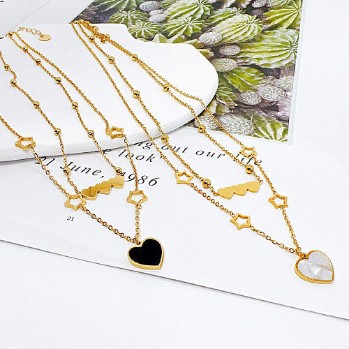 Luxuriöse Pentagramm-Halskette mit herzförmigem Anhänger aus Edelstahl mit Inlay-Muschel und 18-Karat-Vergoldung