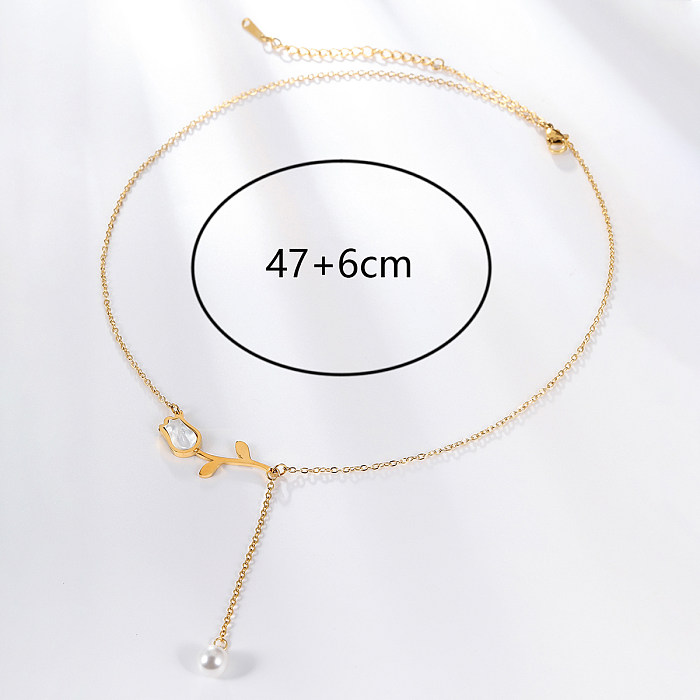 Elegant Glam Fashion Devil'S Eye Flower Butterfly Stainless Steel  Artificial Pearl Shell Layered Plating Artificial Pearls Tassel Zircon Necklace 1 Piece