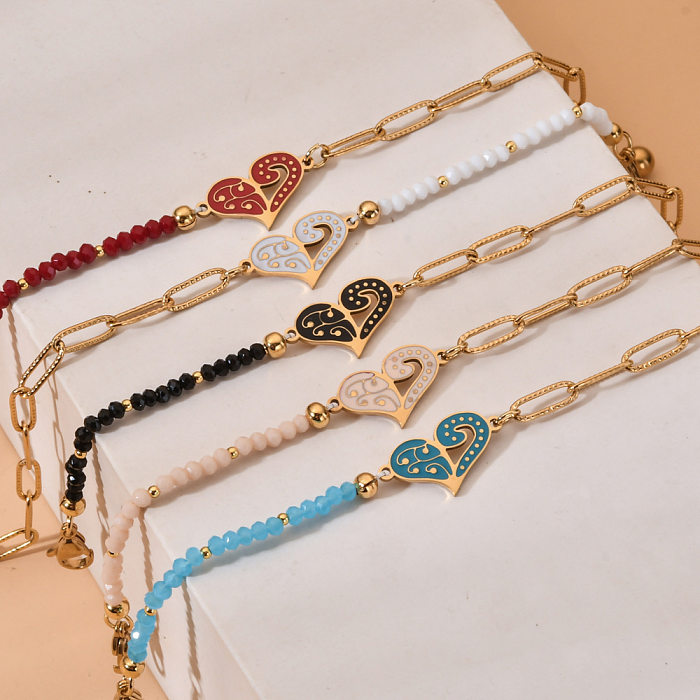 Bracelets de placage de perles en pierre naturelle en acier inoxydable en forme de coeur Streetwear