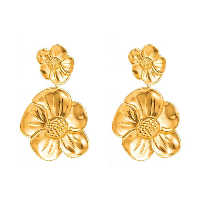 Boucles d'oreilles rondes en forme de feuille géométrique, en acier inoxydable plaqué or, ajourées, 1 paire