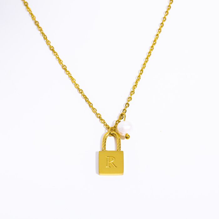 Lässiger schlichter Stil mit Buchstabenschloss, Edelstahl-Perlenbeschichtung, 18 Karat vergoldete Anhänger-Halskette